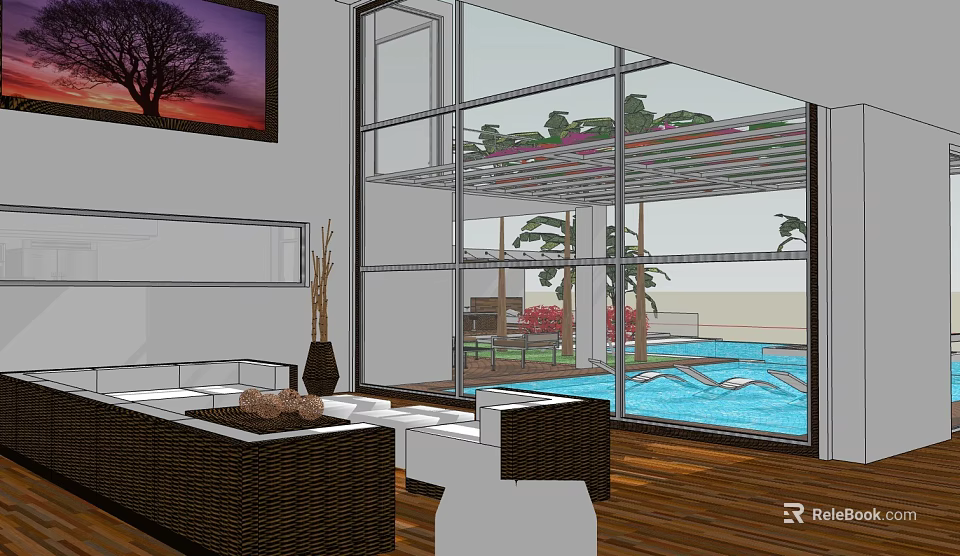Detached Villa Interior Featuring Large Windows Swimming Pool Greenery And Wicker Furniture 3d model 