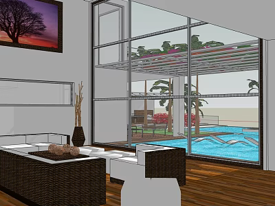 Detached Villa Interior Featuring Large Windows Swimming Pool Greenery And Wicker Furniture 3d model