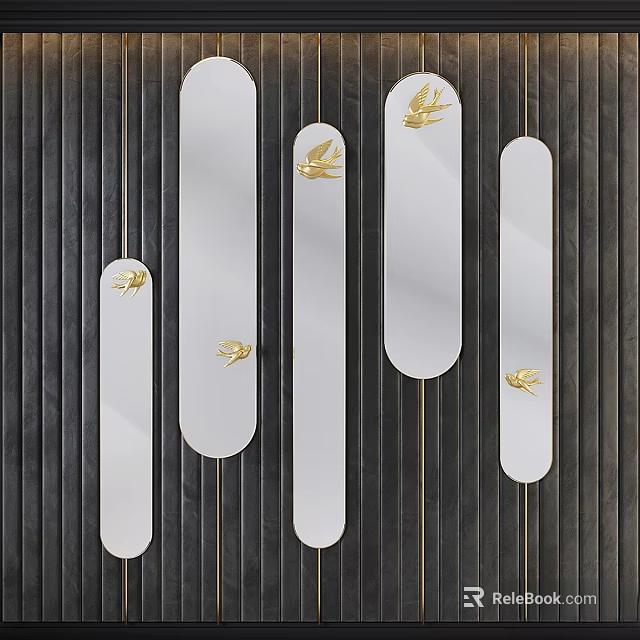 White Long Rectangular Wall Hangings With Golden Bird Decorations On Dark Vertical Striped Wall 3d model