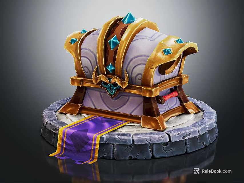 Ornate Treasure Chest With Golden Decorations Blue Gemstones Purple Ribbon And Stone Pedestal 3d model 