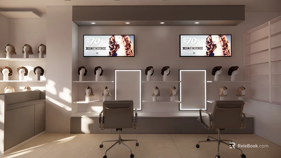 Modern Wig Store Interior With Shelves Mannequin Heads TV Screens And Chairs 3d model 