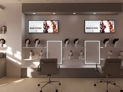 Modern Wig Store Interior With Shelves Mannequin Heads TV Screens And Chairs 3d model