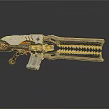 Futuristic Sci Fi Weapon With Metallic Finish Orange Accents Serrated Components And Mechanical Details
