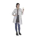 Woman Wearing White Lab Coat Shirt Tie Black Skirt Blue Tights Gray Shoes Pointing Upwards