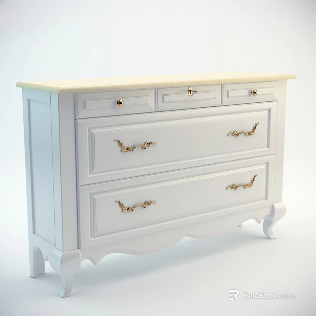 Elegant Classic White Bedside Nightstand with Multiple Drawers and Golden Handles 3d model 