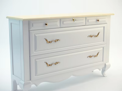 Elegant Classic White Bedside Nightstand with Multiple Drawers and Golden Handles 3d model