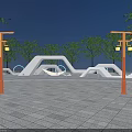 Modern Park Landscape With Orange Lamp Posts White Geometric Structures And Green Trees 3d model