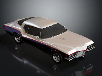 Classic Two Door Silver Car With Black Roof Blue Red Stripes And Chrome Wheels 3d model