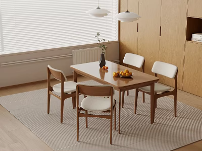 Minimalist Wooden Dining Table and Chairs with Pendant Lights Vase and Fruit in Modern Interior 3d model
