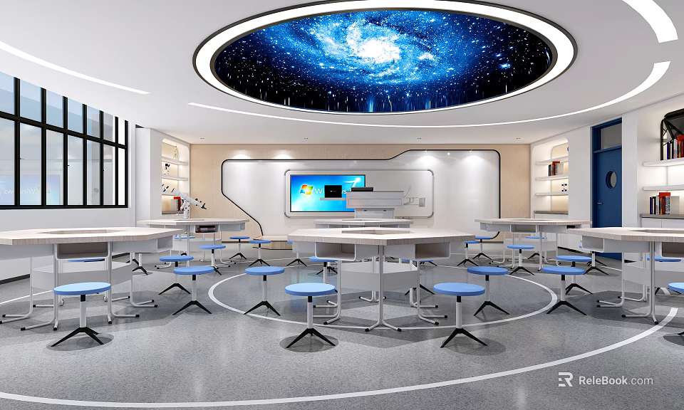 School Classroom With Starry Sky Ceiling Round Tables Blue Chairs And Digital Screen 3d model 