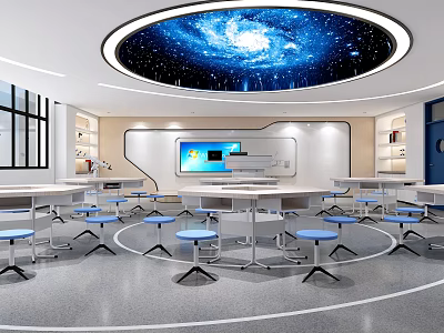 School Classroom With Starry Sky Ceiling Round Tables Blue Chairs And Digital Screen 3d model