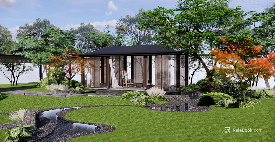 Garden Pergola with Black Roof Surrounded by Trees Greenery and Water Feature 3d model 