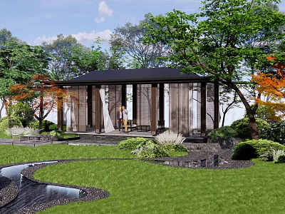 Garden Pergola with Black Roof Surrounded by Trees Greenery and Water Feature 3d model