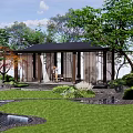 Garden Pergola with Black Roof Surrounded by Trees Greenery and Water Feature