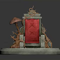 Red Cushioned Chair With Tree Root Decorations And Mushroom Accents On Circular Stone Platform Base