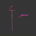 Antique Weapons Display Featuring Long Sword with Golden Hilt and Flintlock Pistol with Wooden Stock