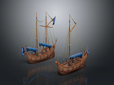 Ancient Wooden Sailing Ships Model Display With Masts Blue Flags And Wooden Hulls 3d model