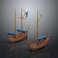 Ancient Wooden Sailing Ships Model Display With Masts Blue Flags And Wooden Hulls