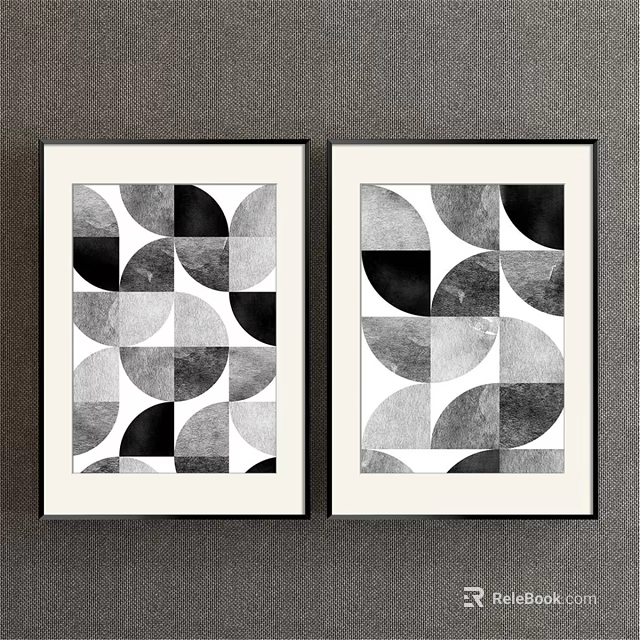 Black And White Geometric Pattern Wall Art Two Framed Pieces Hanging On Gray Wall 3d model 