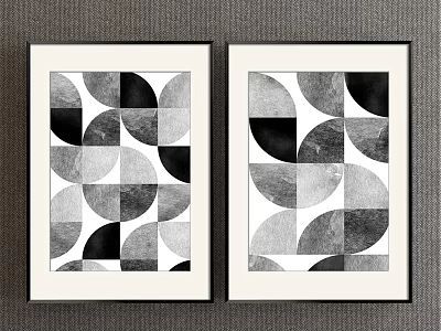 Black And White Geometric Pattern Wall Art Two Framed Pieces Hanging On Gray Wall 3d model