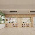 Bright Children's Activity Room With Wooden Shelves Green Wall And Tree Structure