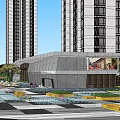 Modern Commercial Street With Tall Buildings Greenery Plaza And Road Facilities