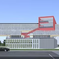 Modern School Building Design Featuring Glass Facade Red Staircase Pillars And Green Parking Lot