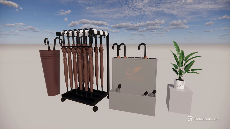 Practical Household Essentials With Umbrella Stand Umbrellas Bucket Storage Box And Plant 3d model 
