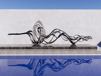 Sleek Metal Landscape Sculpture With Flowing Abstract Curves In Pool Featuring Reflection And Blue Sky 3d model