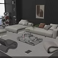 Modern Beige Sofa And Marble Coffee Table Set With Pillows Green Plant And Ottoman