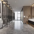 Public Restroom Modern Interior Design With Marble Walls Double Sinks Large Mirrors And Wooden Accents