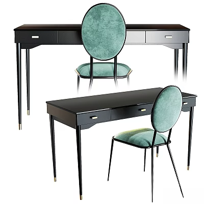 Modern Black Desk And Teal Upholstered Chair Set With Drawers And Metal Legs 3d model