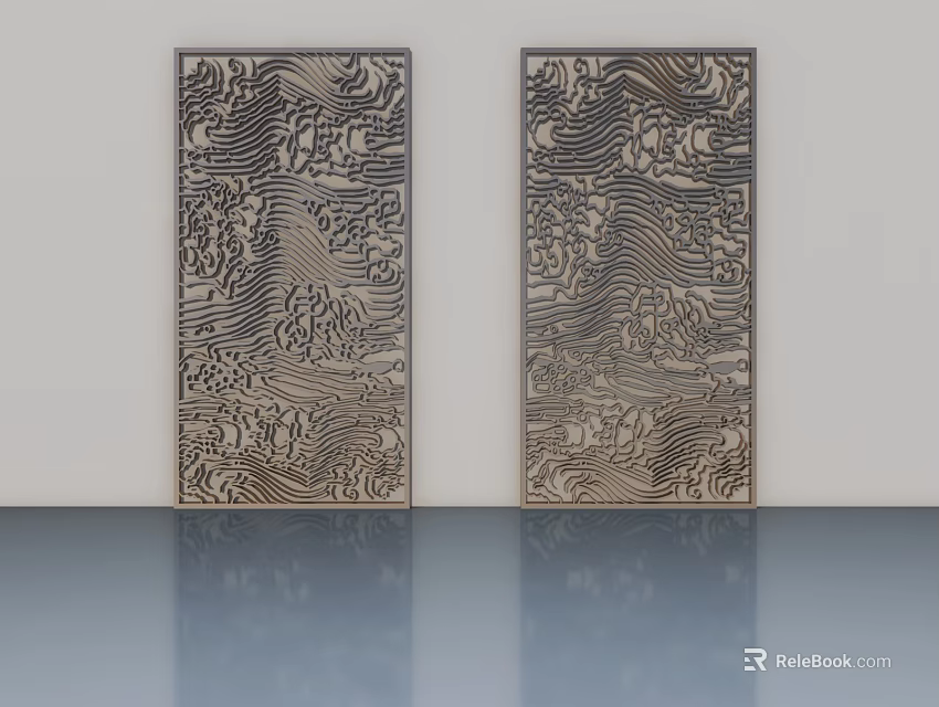 Double Wooden Hinged Doors With Intricate Carved Patterns In Modern Interior 3d model 