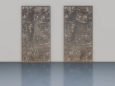Double Wooden Hinged Doors With Intricate Carved Patterns In Modern Interior 3d model
