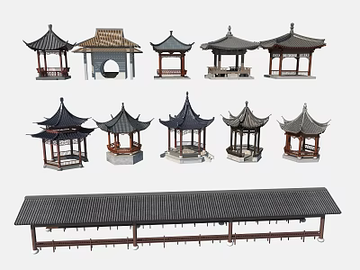 Traditional Chinese Pavilions And Corridor With Various Designs And Roof Styles 3d model
