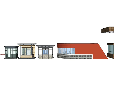 Different Types Of Modern Kiosk Designs Featuring Glass And Red Curved Roof 3d model