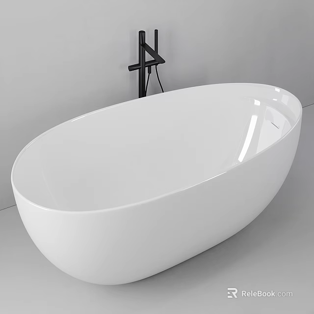 Modern White Freestanding Bathtub with Black Faucet in Minimalist Bathroom Design 3d model 