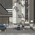 Modern Duplex Living Room Interior With Marble Wall Built In Bookshelves And Blue Accent Chair
