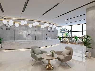 Modern Hotel Lobby Interior With Elegant Reception Desk Comfortable Armchairs Pendant Lights And Green Plants 3d model