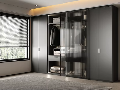 Modern Black Wardrobe Interior With Glass Doors And Storage Space 3d model