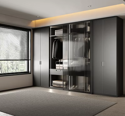 Modern Black Wardrobe Interior With Glass Doors And Storage Space 3d model