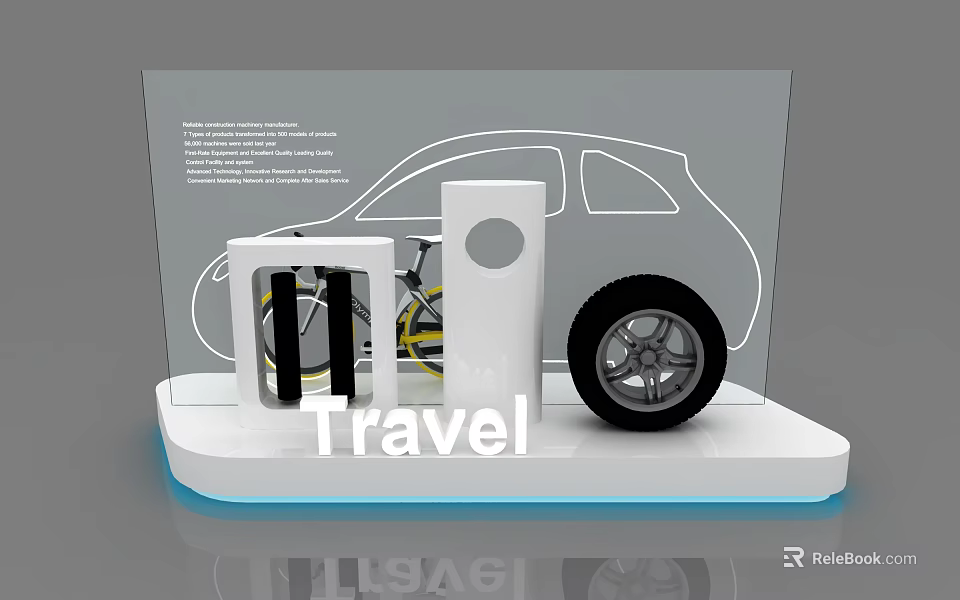 Creative Travel Exhibition Display Featuring Car Outline Tire And Mechanical Components 3d model 