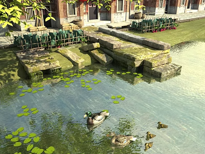 Scenic Casement Door in Red Brick Courtyard with Green Chairs Pond Lily Pads and Ducks 3d model