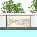 Modern Landscape Feature Wall With Wavy Line Pattern Grey Frame Tree Background And Water Reflection 3d model