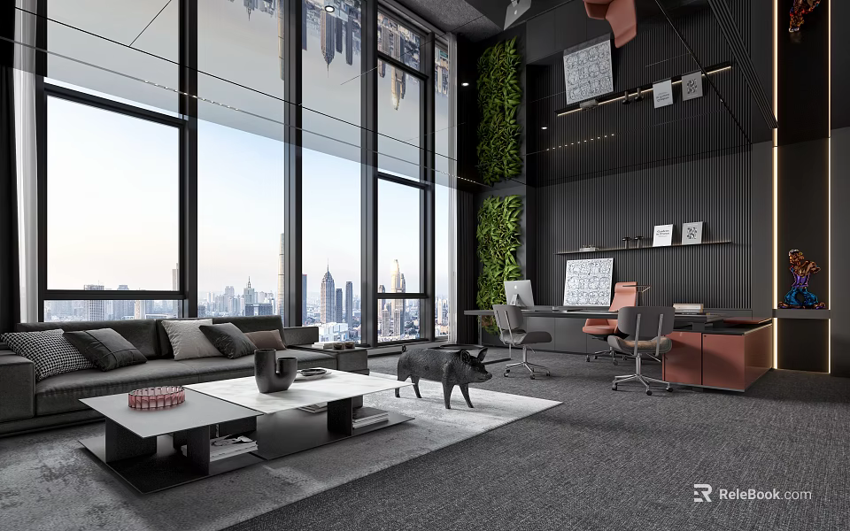 Modern Office Interior Featuring Large Windows City Skyline View Sofa Coffee Table Green Plant Wall 3d model 