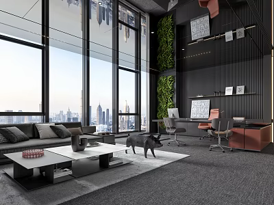 Modern Office Interior Featuring Large Windows City Skyline View Sofa Coffee Table Green Plant Wall 3d model