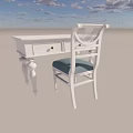 White Desk With Drawers Gold Handles Carved Legs And White Chair Blue Seat On Floor