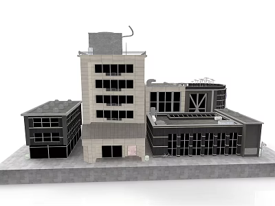 Architectural Building Model Featuring Multiple Structures With Gray White Exteriors And Window Designs 3d model