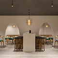 Modern Restaurant Interior With Wooden Counter Booth Seats And Wall Decorations