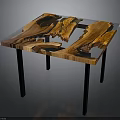 Modern Wooden Table with Transparent Resin Top Unique Grain and Black Metal Legs
